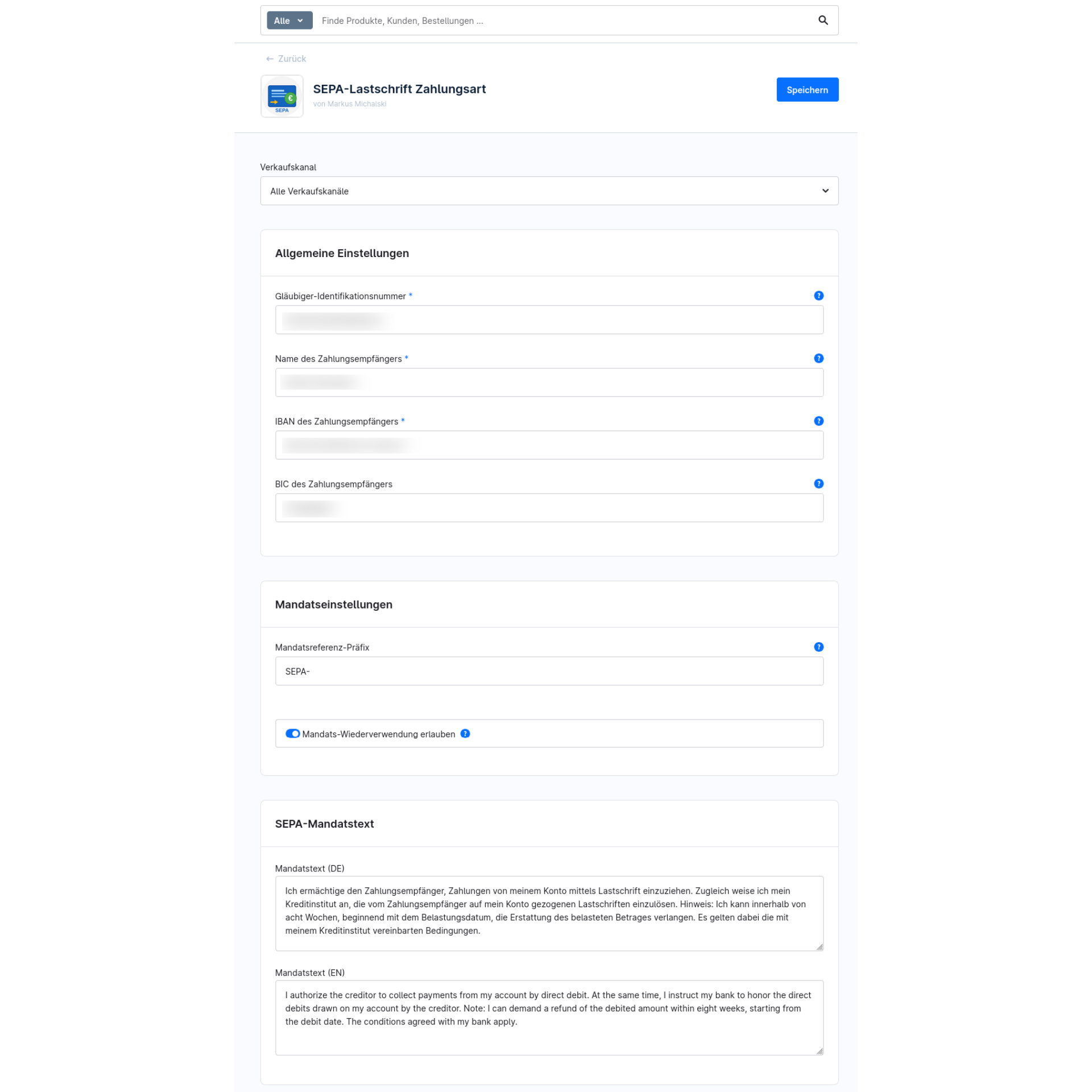 SEPA-Lastschrift Konfiguration im Shopware 6 Admin