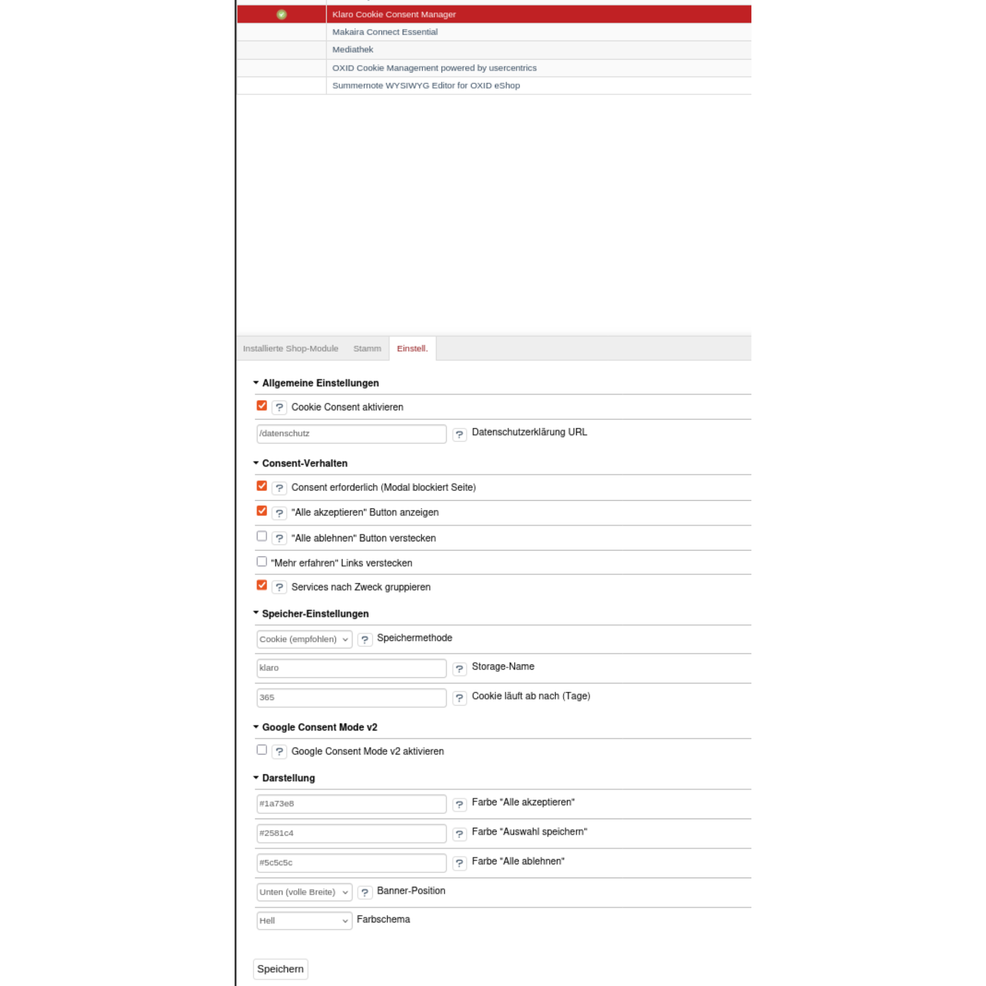 Klaro Cookie Consent Manager Konfiguration im OXID eShop Admin