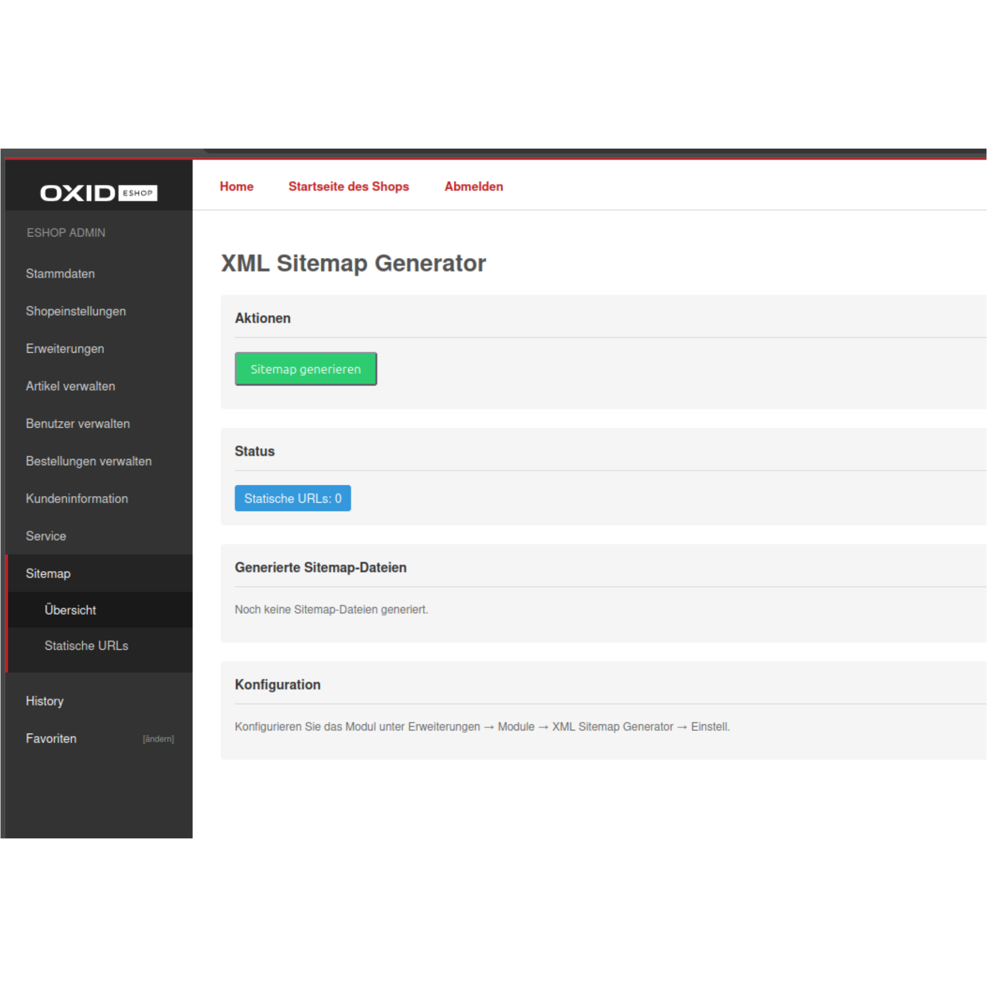 XML Sitemap Generator erweiterte Einstellungen im OXID Admin