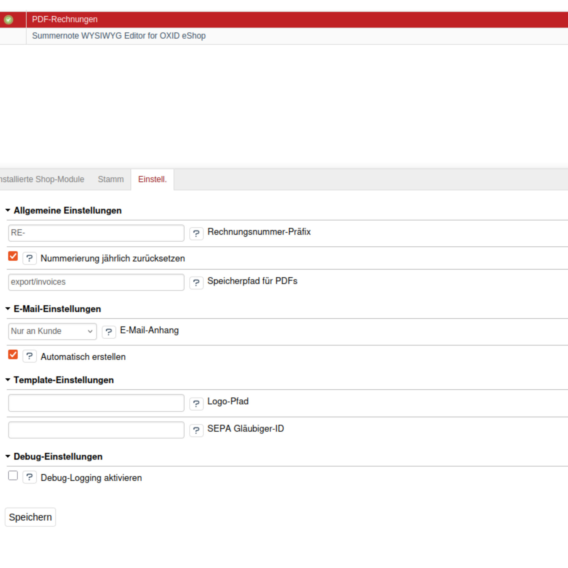 PDF-Rechnungen Konfiguration im OXID eShop Admin