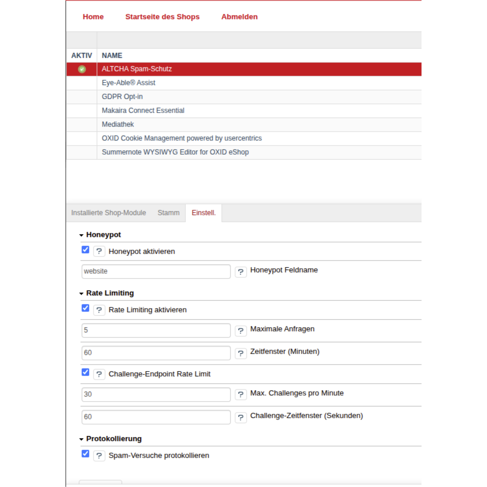 ALTCHA Spam Schutz Konfiguration im OXID eShop Admin