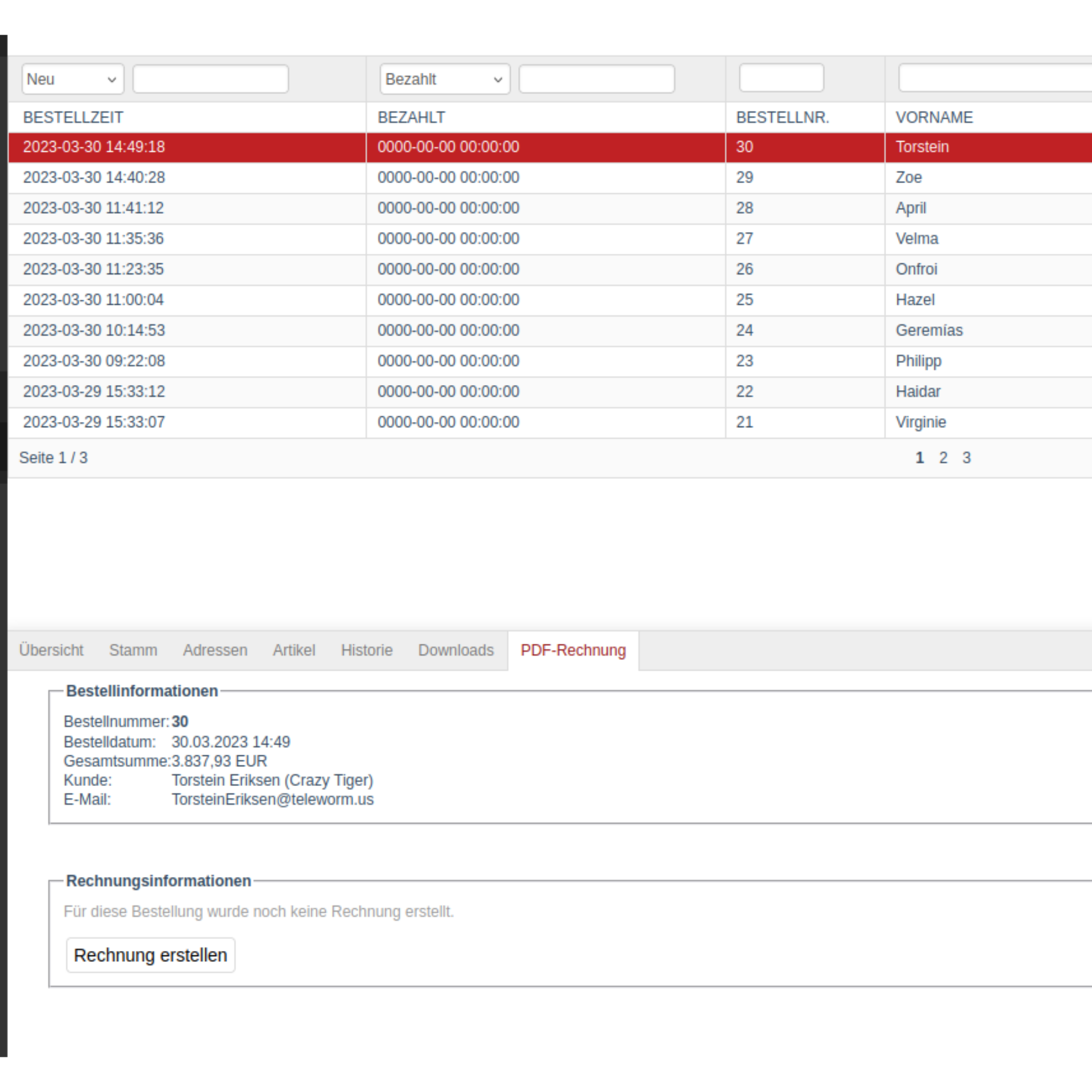PDF-Rechnungen Bestellansicht im OXID eShop Admin