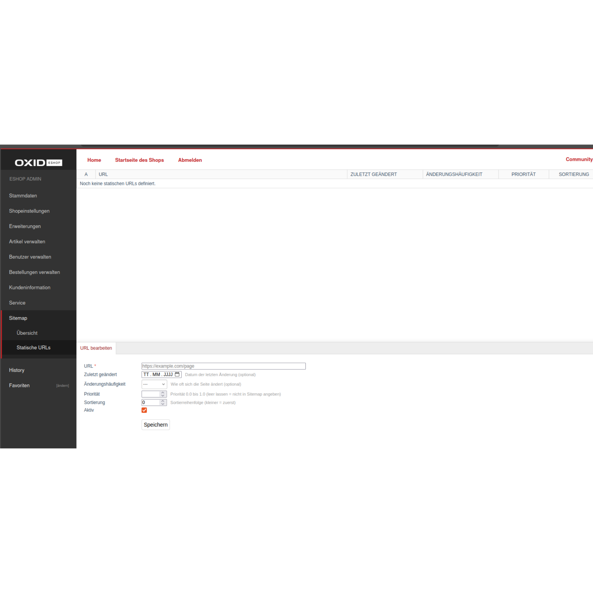 XML Sitemap Generator Ausgabeoptionen im OXID Admin