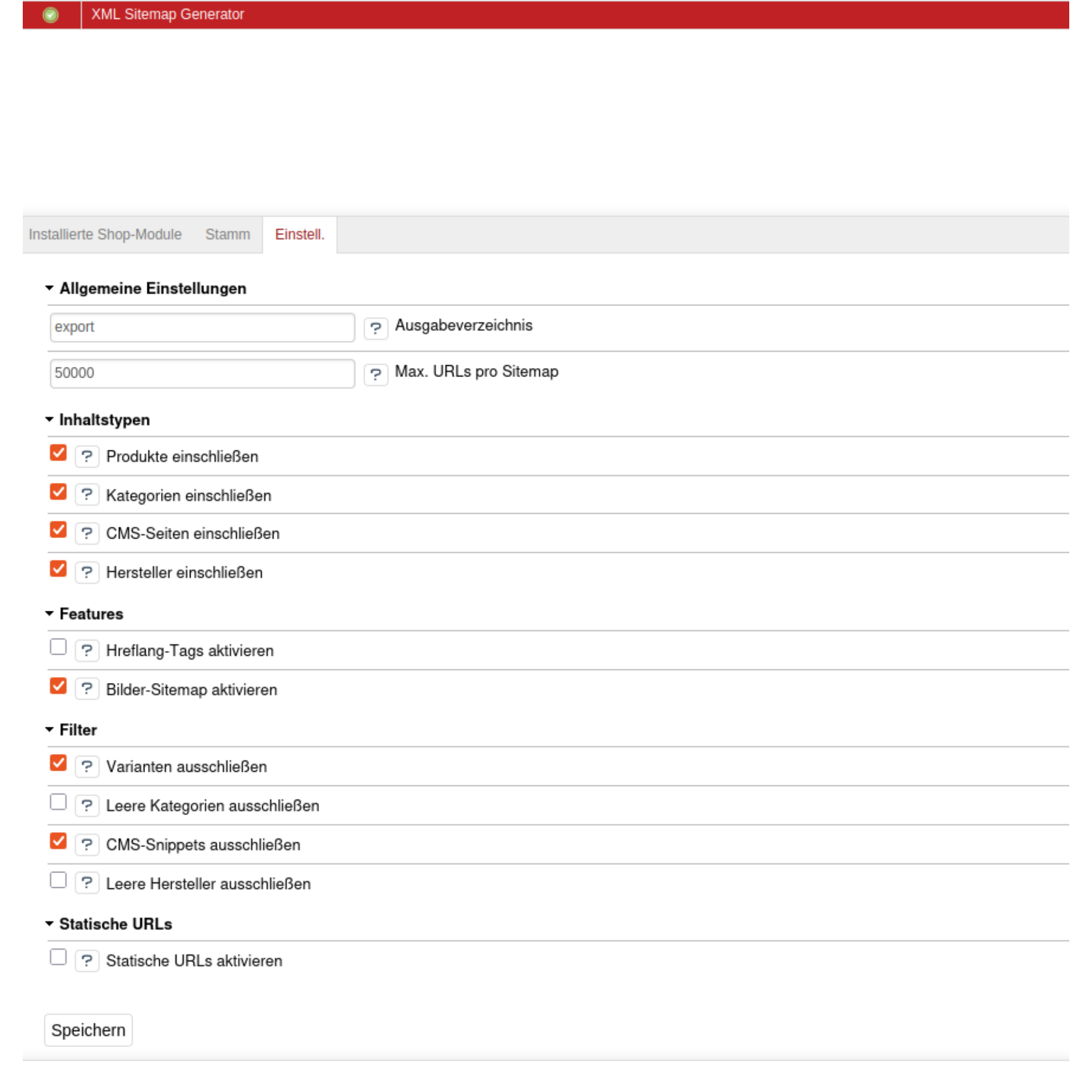 XML Sitemap Generator Grundeinstellungen im OXID Admin